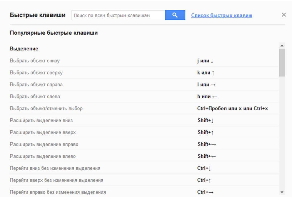 Обзор Google Диск - вкладка Быстрые клавиши